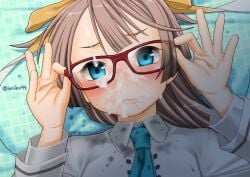 adjusting_eyewear after_ejaculation blue_eyes blush bukkake collared_shirt commentary cum cum_on_body cum_on_eyewear facial female glasses grey_hair harukaze_unipo kantai_collection kazagumo_(kancolle) long_hair looking_at_viewer necktie ponytail shirt solo upper_body