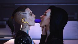 2girls 3d black_hair dildo dildo_in_mouth dildo_kiss female female_focus female_only jack_(mass_effect) kissing lesbian_kiss lipstick long_hair loose_hair makeup mass_effect miranda_lawson nail_polish ponytail saliva saliva_string saliva_trail tagme tattoo wildynsfw yuri