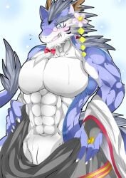 animal_genitalia anthro asian_clothing barazoku blush blush_lines clothing dragon east_asian_clothing eastern_dragon furloid genital_slit genitals japanese_clothing male mythological_creature mythological_scalie mythology scalie shiki_taigen sirokitten solo utau