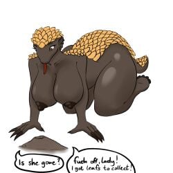 all_fours ass big_breasts blackbetty breasts claws female hi_res mammal nipples nude pangolin scales solo text thick_thighs tongue