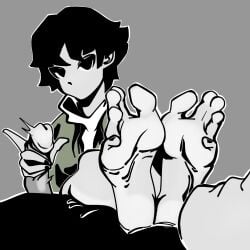 about_to_cum barefoot black_eyes black_hair clothed colored erection feet femboy foot_fetish foot_focus foot_worship gay handjob highres looking_at_viewer male/male male_only no_shoes original original_character otoko_no_ko pale-skinned_male pale_skin peacematoru penis pleasure simple_background twitching yaoi