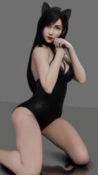 3d 3d_model black_hair cat_ears fake_animal_ears final_fantasy final_fantasy_vii final_fantasy_vii_remake fit_female grey_background kneeling leotard lipstick long_hair looking_at_viewer posing posing_for_the_viewer red_eyes red_lips red_lipstick simple_background strapless_leotard straps tifa_lockhart