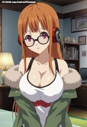 ai_generated aindroidparanoid bedroom breasts busty cleavage cute female female_only glasses headphones huge_breasts indoors jacket large_breasts long_hair nerd nipples orange_hair persona persona_5 persona_5_royal portrait purple_eyes sakura_futaba slim_waist squeezing squeezing_breast stable_diffusion upper_body voluptuous