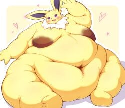 2023 anthro areola ass belly belly_overhang big_belly big_breasts big_butt blue_areola blush border breasts brown_nipples butt_focus butt_grab chubby_cheeks cute_fangs eeveelution eyebrows fat_rolls female fluffy fluffy_tail front_view full-length_portrait fur generation_1_pokemon gesture hand_on_butt heart_symbol hi_res huge_belly huge_thighs jolteon long_ears looking_at_viewer looking_back mane morbidly_obese morbidly_obese_female navel neck_tuft nintendo nipples nude obese obese_anthro obese_female open_mouth overweight overweight_anthro overweight_female pokemon pokemon_(species) portrait purple_eyes radiowave shaded simple_background sitting smile solo tail thick_thighs tuft waving white_border wide_hips yellow_body yellow_fur