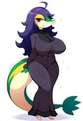 absurd_res ai_generated alternate_species anthro anthrofied big_breasts breasts clothed clothing cosplay curvy_figure dress eyelashes female generation_5_pokemon green_body hair hellsonger hi_res huge_breasts long_hair looking_at_viewer nintendo non-mammal_breasts pokemon pokemon_(species) pokemorph purple_hair red_eyes scalie shiny_pokemon simple_background smile snex_maniac snivy solo sparkles standing thick_thighs white_background wide_hips