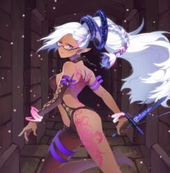 ass breasts dark_elf dark_skin dungeon dungeon_and_girls elf_ears female_only glasses heels knife legs long_hair looking_back pink_tattoo white_hair