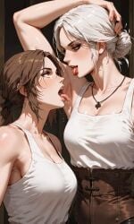 2girls ai_generated aifutaempire armpits breasts brown_hair ciri female green_eyes lara_croft licking_armpit light-skinned_female mascara saliva saliva_trail scar sexy_armpits the_witcher_(series) the_witcher_3:_wild_hunt tomb_raider tongue_out white_hair yuri