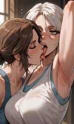 2girls ai_generated aifutaempire armpits brown_hair ciri female green_eyes kissing lara_croft light-skinned_female mascara saliva saliva_trail scar sexy_armpits the_witcher_(series) the_witcher_3:_wild_hunt tomb_raider tongue_out white_hair yuri