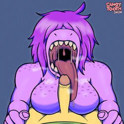 1:1 2020 anthro bodily_fluids breast_rest breasts candy_tooth clothed clothing deltarune drooling duo faceless_character faceless_male featureless_breasts female first_person_view genitals hair_over_eyes hi_res human kris_(deltarune) long_tongue male male/female male_pov mammal mouth_fetish no_nipples open_mouth penis reptile saliva scalie simple_background susie_(deltarune) tongue tongue_out topless uvula video_games