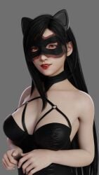 3d 3d_model big_breasts black_hair cat_ears cleavage eyemask fake_animal_ears final_fantasy final_fantasy_vii final_fantasy_vii_remake fit_female leather leather_clothing long_hair looking_at_viewer mask masked masked_female red_eyes red_lipstick smile smile_at_viewer straps tifa_lockhart