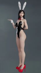 3d 3d_model black_hair bunny_ears bunnysuit collar cuffs_(clothing) fake_animal_ears final_fantasy final_fantasy_vii final_fantasy_vii_remake fit_female glasses high_heels lipstick long_hair looking_at_viewer posing posing_for_the_viewer red_eyes red_high_heels red_lips red_lipstick red_ribbon revealing_clothes ribbon simple_background stiletto_heels tifa_lockhart