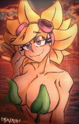 background beach big_breasts breasts colorful glasses horny meremor mole_on_breast moles orange_skin plants_vs_zombies plants_vs_zombies:_heroes pvz shaded solar_flare_(pvz) squinted_eyes sunflower sunflower_(pvz) sunset tagme waving yellow_hair