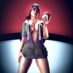 1girls abigail_briarton big_breasts brown_hair call_of_duty call_of_duty_zombies cap flickytuts half-dressed hoodie misty_(cod-bops-2) no_bra no_pants pokeball ponytail solo_female