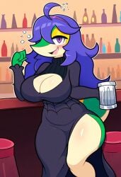 accessory ahoge ai_generated alcohol anthro bar beer beverage big_breasts blue_hair blush breasts bubble cleavage clothed clothing drunk female fingers generation_5_pokemon hair headband hellsonger hi_res long_hair looking_at_viewer nintendo open_mouth pokemon pokemon_(species) purple_eyes purple_hair smile snex_maniac snivy solo substance_intoxication thick_thighs wide_hips