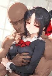 1boy 1girls ai_generated bare_arms bare_shoulders big_breasts black_hair blush color dark-skinned_male dark_skin female grabbing_breasts hand_on_breast hi_res interracial kaguya-sama_wa_kokurasetai_~tensai-tachi_no_renai_zunousen~ large_breasts light-skinned_female light_skin long_hair looking_at_viewer male male/male muscles muscular muscular_male nakatori netorare ntr red_eyes shinomiya_kaguya tagme thick_thighs