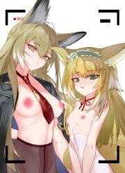 2girls animal_ears arknights artist_request breasts female mother mother_and_daughter nipple_piercing no_bra older_female pant_suit pantyhose suzuran_(arknights) vulpisfoglia_(arknights)