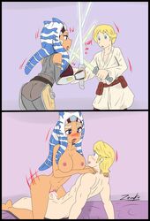 1girls 2koma ahsoka_tano alien alien_girl alternate_universe bed big_breasts breasts cleavage clothed clothing cowgirl_position female human humanoid instant_loss_2koma interspecies lightsaber luke_skywalker male male_human/female_alien male_human/female_humanoid mature_female nipples nude older_female revealing_clothes sex star_wars star_wars_rebels togruta vaginal_penetration watermark younger_male zronku