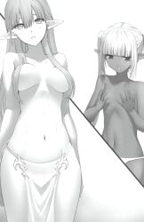 2girls ass_visible_through_thighs bare_arms bare_belly bare_legs bare_shoulders bare_thighs belly_button big_breasts black_and_white blush breasts collarbone comparing_breasts convenient_censoring dark-skinned_female dark_elf elf failure_frame:_i_became_the_strongest_and_annihilated_everything_with_low-level_spells hair_censor kawanakajima lisbeth_(failure_frame) long_hair novel_illustration official_art panties parted_lips pelvic_curtain pointy_ears revealing_clothes seras_ashrain small_breasts thighs topless twintails underwear white_panties