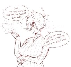 1girl 1girls arm_below_breasts aunt aunt_hellen_(insouwu) big_breasts boobs breasts cigarette cigarette_smoke collar earring earrings female female_focus female_only hair_over_one_eye holding holding_cigarette holding_object insouwu messy_hair milf nipples_visible_through_clothing oc original_character pose short_hair sketch sweater text text_bubble thick thick_hips thick_thighs