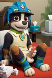 ai_generated bernese_mountain_dog canine collar domestic_dog helmet holding_penis male male_only paw_patrol rex_(paw_patrol) self_pleasure tissue_box