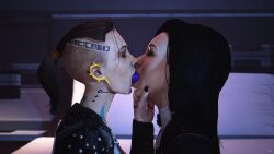 2girls 3d black_hair dildo dildo_in_mouth dildo_kiss female female_focus female_only jack_(mass_effect) kissing lesbian_kiss lipstick long_hair loose_hair makeup mass_effect miranda_lawson nail_polish ponytail saliva saliva_string saliva_trail tagme tattoo wildynsfw yuri