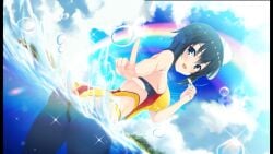 beach clouds from_behind looking_back minamitsu_murasa official_art rainbow sky splashing swimsuit tagme touhou touhou_danmaku_kagura water whistle