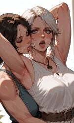 2girls ai_generated aifutaempire armpits brown_hair ciri female green_eyes lara_croft licking_neck light-skinned_female mascara saliva saliva_trail scar sexy_armpits the_witcher_(series) the_witcher_3:_wild_hunt tomb_raider tongue_out white_hair yuri