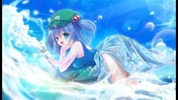 backpack beach bent_over blue_eyes blue_hair cap from_behind green_cap hand_on_chin kappa looking_back nitori_kawashiro official_art short_hair splashing swimsuit tagme touhou touhou_danmaku_kagura water wrench