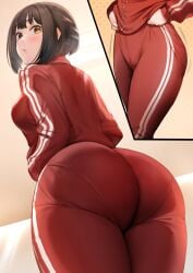 1girls artist_request ass big_ass breasts bubble_ass bubble_butt female from_behind fully_clothed hi_res looking_back original pants pantylines realistic short_hair solo sportswear track_jacket track_suit