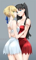 2girls artist_logo artoria_pendragon ass bare_shoulders black_hair blonde_hair blue_eyes blush braid breast_to_breast camisole clothed fate/stay_night fate_(series) food green_eyes grey_background hair_ornament hair_tie hand_on_another's_arm hands_around_waist hands_on_back highres hug hugging long_hair medium_breasts multiple_girls pocky pocky_in_mouth pocky_kiss red_camisole saber shared_food shirotsumekusa short_hair simple_background sleepwear standing strap_slip symmetrical_docking tohsaka_rin type-moon white_camisole yuri