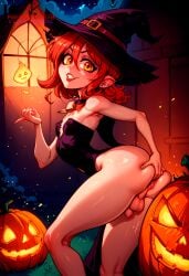 ai_generated balls elf elf_ears femboy flaccid flat_chest flat_chested halloween hat hi_res high_resolution highres ilfb long_hair night night_sky red_hair small_penis standing testicle testicles trap uncensored witch witch_costume witch_hat