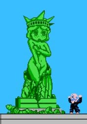 1boy 1girls 8-bit breasts clothing_damage covering_breasts covering_crotch dc_comics embarrassed_nude_female female fine_art fine_art_parody green_skin nes pixel_art public_domain saiwai_hiroshi statue statue_of_liberty superman_(1987_video_game) superman_(series)