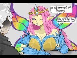 1boy1girl big_breasts breasts cleavage crown cute cute_expression cute_face dialogue dialogue_bubble empress empress_of_light faceless_male fairy fairy_wings long_hair pink_hair pointy_ears re-logic tagme terraria unknown_artist yellow_body yellow_skin