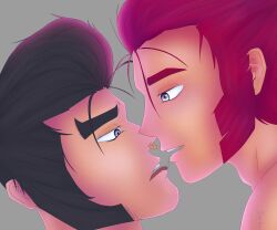 2boys brawl_stars bull_(brawl_stars) colt_(brawl_stars) cute eyes gay hair_black hair_pink homosexual kissing kissing looking_at_each_other saliva salivating sweating