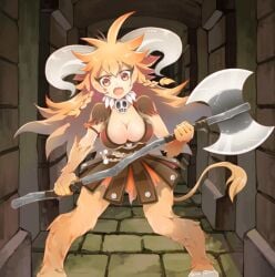 axe big_breasts dungeon dungeon_and_girls fully_clothed fur hooves horns long_hair minotaur minotaur_female monster_girl open_mouth skirt skull_necklace tail two-handed_weapon