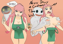 apron apron_only big_breasts breast_grab breast_squeeze breasts buff coffee coffee_cup curly_hair doktor_malefic female ghost iced_latte_with_breast_milk lactating lactation looking_at_viewer male meme milk milking muscles muscular muscular_male one_piece perona pink_hair post-timeskip pov pov_eye_contact starbucks text