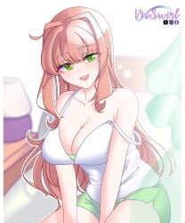 :d bedroom big_breasts breasts cleavage curtains curtains_open doki_doki_literature_club emerald_eyes female female_only green_eyes green_shorts hair_intakes happy lamp large_breasts light-skinned_female looking_at_viewer messy_hair monika_(doki_doki_literature_club) mouth_open nightstand red_hair redhead sitting sitting_on_bed smile smiling smiling_at_viewer solo strap_slip thick_thighs tongue upper_teeth_only vioswirl white_shirt white_tank_top