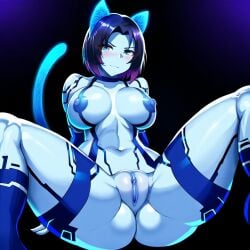 ai_generated black_background black_hair blue_body blue_eyes body_markings cat_ears cat_tail catgirl clitoris cortana halo_(game) halo_(series) large_breasts legs_spread looking_at_viewer nipples presenting purple_hair pussy pussy_lips sitting solo solo_female tagme