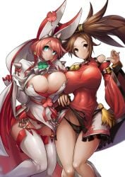 2girls arc_system_works breasts brown_eyes brown_hair chinese_clothes cleavage clothes_lift covered_navel dress elphelt_valentine gloves green_eyes guilty_gear kuradoberi_jam large_breasts legs lifting_own_clothes long_hair looking_at_viewer multiple_girls panties parted_lips pink_hair short_hair smile sowel_(sk3) thighs toned underwear very_long_hair wedding_dress