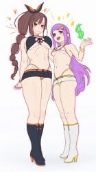 2girls anastasia_hoshin big_breasts bikini brown_hair hand_gesture high_boots low-angle_view ponytail purple_hair re:zero_kara_hajimeru_isekai_seikatsu shaula_(re:zero) short_jeans size_difference skimpy skimpy_clothes small_breasts smaller_female taller_girl