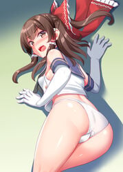 absurdres ass blush brown_hair flustered gloves kantai_collection looking_at_viewer lying_on_floor open_mouth reimu_hakurei ribbon shimakaze_(kantai_collection)_(cosplay) thighs tokyo_yamane touhou white_panties