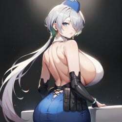 ai_generated backless_shirt blue_eyes breasts_bigger_than_head brid_(nikke) colored_inner_hair garrison_cap goddess_of_victory:_nikke gray_hair grey_hair hair_over_one_eye huge_ass huge_breasts kao140522 low_ponytail sleeveless_shirt wide_hips