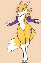 ai_generated completely_nude countershading elbow_gloves female female flat_chest furry purple_markings pussy renamon solo standing white_belly yellow_fur zorkpics