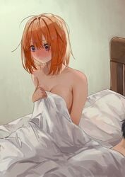 1boy 1boy1girl 1girls after_sex awake bed_sheet blue_eyes blush breasts cleavage covering covering_breasts covering_self disheveled faceless_male female female female_focus go-toubun_no_hanayome hair_between_eyes highres large_breasts male memidesuyo messy messy_hair nakano_yotsuba naked naked_sheet nude nude_cover nude_female on_bed orange_hair out_of_frame pillow short_hair sitting sleeping straight sweatdrop uesugi_fuutarou under_covers