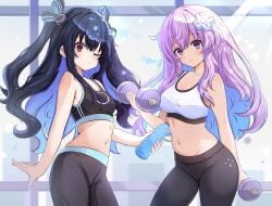 2girls black_hair breasts compile_heart d-pad_hair_ornament female female_only goddess hair_ornament idea_factory lilac_hair long_hair midriff midriff_baring_shirt mrrollingcircle navel nepgear neptunia_(series) pale-skinned_female pale_skin petite petite_female purple_eyes red_eyes small_breasts sports_bra tsundere twintails uni_(neptunia) water_bottle weights workout yoga_pants