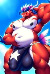 absurd_res ai_generated anthro armpit_hair belly big_bulge body_hair bulge clothed clothing dragon generation_9_pokemon genital_outline genitals hand_behind_head hellsonger hi_res horn jockstrap koraidon looking_at_viewer male moobs musclegut muscular muscular_anthro muscular_male navel nipples overweight overweight_anthro overweight_male pecs penis_outline red_body scalie smile solo underwear