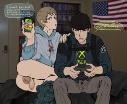 2males american_flag beanie cock_between_legs couple dialogue dork_nokia gay gay_couple male/male male_only personification playstation pulling_down_pants romantic romantic_couple video_games wholesome xbox yaoi