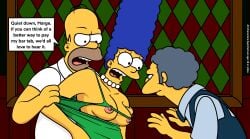 1girls 20th_century_fox 20th_century_studios 2boys bar blue_hair breasts breasts_out clothing dialogue female gray_hair green_dress homer_simpson human indoors lockandlewd looking_at_another male marge_simpson moe_szyslak nipples open_mouth ripping_clothes smile straight text the_simpsons yellow_skin