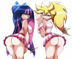 2girls angel angel_girl big_ass big_breasts blonde_hair breasts cheerleader cheerleader_uniform female light-skinned_female long_hair looking_at_viewer miniskirt no_panties pale-skinned_female panty_&_stocking_with_garterbelt panty_anarchy perfect_ass purple_hair skirt skirt_lift skylight_(artist) stocking_anarchy