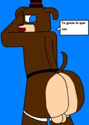 1boy animatronic ass backview balls big_butt billy_(nightmare_at_charles) blue_background brown_fur butt_focus candougie canine dialogue domestic_dog fangame fangame_character five_nights_at_freddy's flat_colors floppy_ears fnaf furry furry_only male male_butt male_only nightmare_at_charles nmac_1 pinup plain_background simple_background solo solo_male tagme tail testicles tophat translation_request